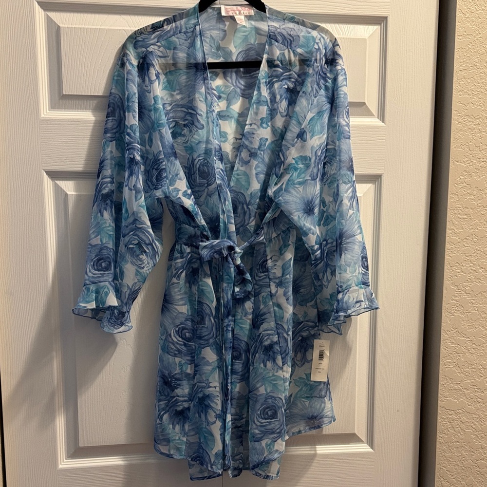 Oscar de la Renta Sheer Blue Floral Tie-Waist Robe - Picture 2 of 8